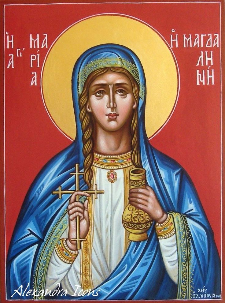 an icon of the virgin mary holding a crucifix on a red background