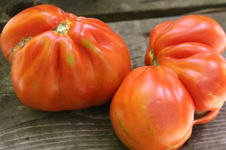 three tomatoes sitting on top of a wooden table