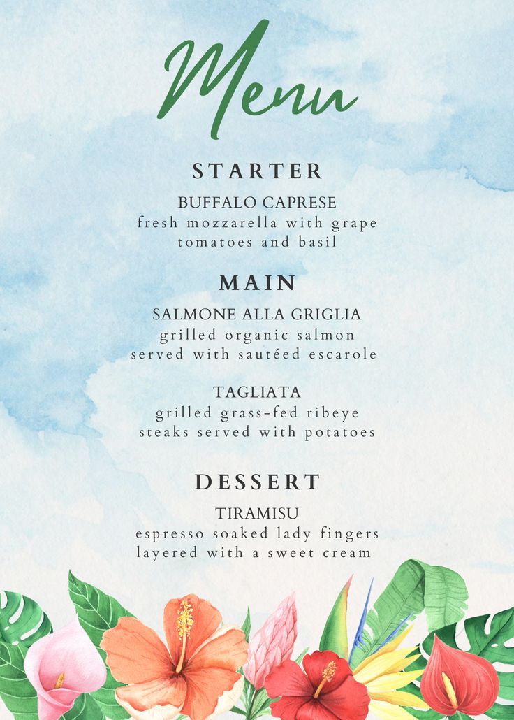 a menu with tropical flowers on it