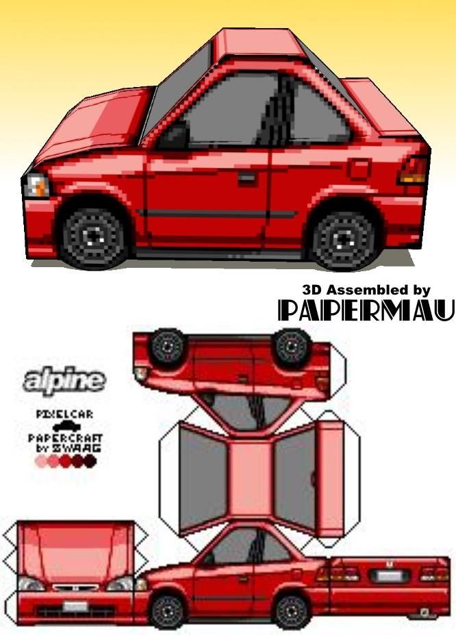 the paper model of a red car is shown