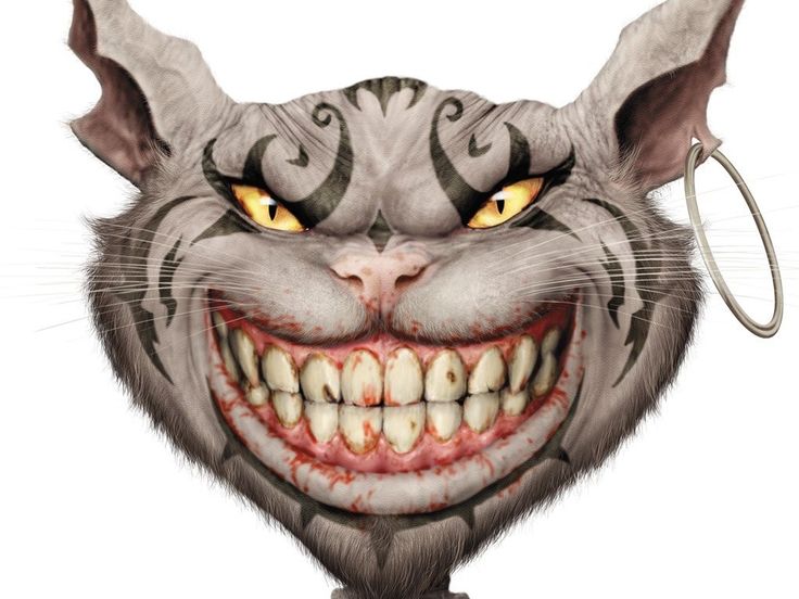 an evil looking cat with yellow eyes and big fangs on it's face is shown