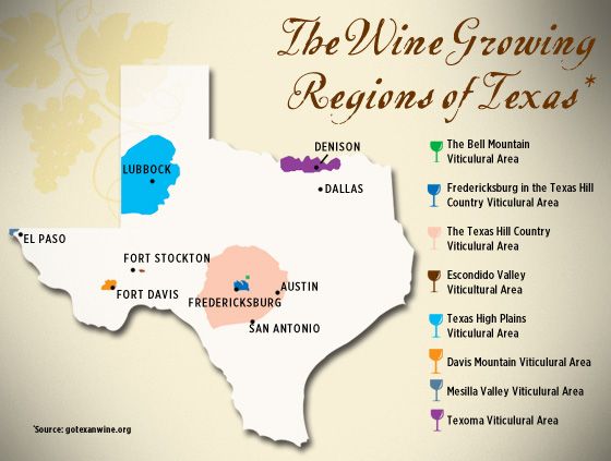 the wine growing regions of texas are highlighted in this map, which includes several locations