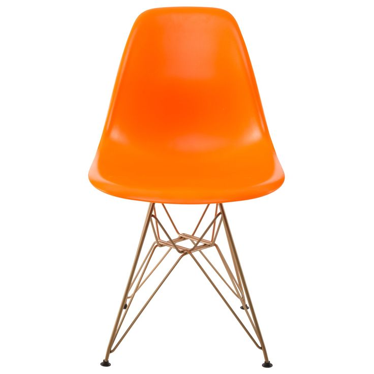 an orange plastic chair with metal legs