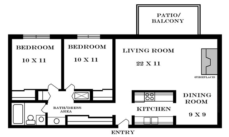 the floor plan for an apartment with two bedroom, one bathroom and another living room