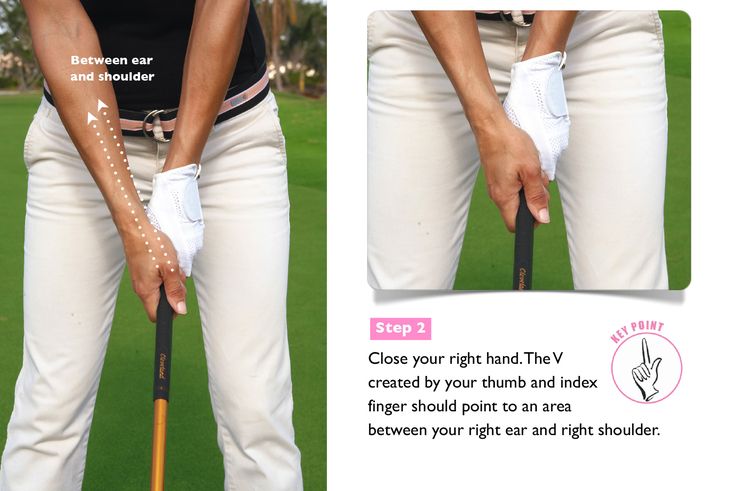 It's all about the Vs with our grip. They need to match and for a right-handed golfer should point to an area between your ear and back shoulder. Golf Tournament Games, Golf Tips For Women, Golf Trolley, Golf Inspiration, Golf Stuff, Golf Style, Golf Club Sets, Golf Tips For Beginners, Girls Golf