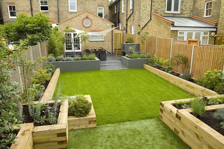 a small garden with grass and wooden planters in the back yard, surrounded by brick buildings