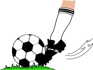 a drawing of a person kicking a soccer ball on the grass with their foot in the air