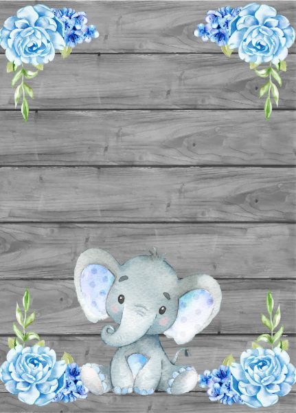 an elephant with blue flowers is sitting in front of a wooden planked wall and there is