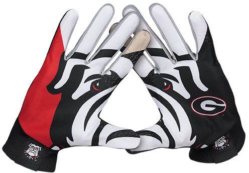 two black and white gloves with red trims on them, one has a bulldog face