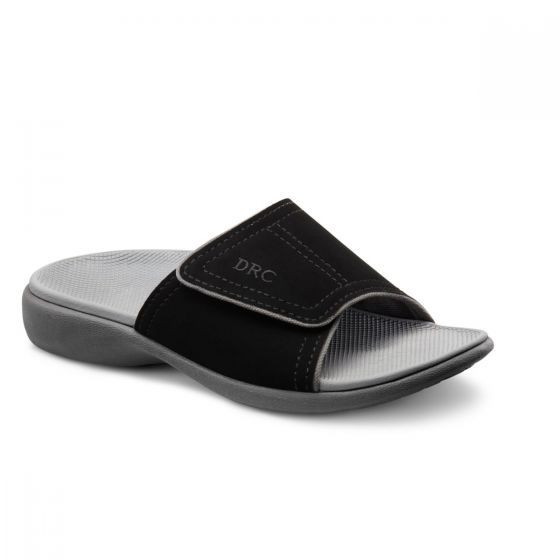 Dr. Comfort Kelly Women’s Sandal Slide | Dr. Comfort  $59 BLACK, CAMEL, LT. BLUE Luxury Women's Cushioned Slides, Modern Slip-on Slides With Arch Support, Modern Slip-on Flip Flops With Removable Insole, Black Open Toe Slides With Ortholite Insole, Beach Slides With Ortholite Insole And Open Toe, Comfortable Slides With Ortholite Insole And Round Toe, Trendy Comfortable Open Toe Slippers, Trendy Open Toe Slippers, Comfortable Slide Sport Sandals With Removable Insole