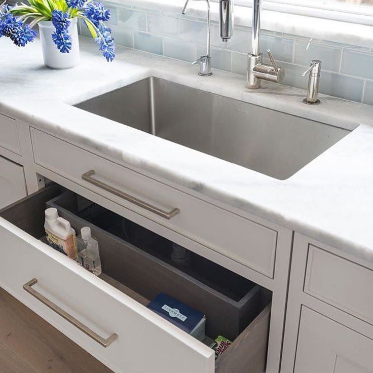 a kitchen sink with an instagram on the left side and blue flowers in the middle