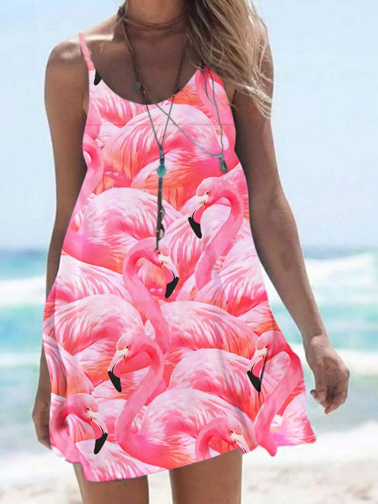 Pink Flamingo Print Slip Dress Pink Sleeveless Dress For Beach Vacation, Pink Sleeveless Dress For Beach Season Vacation, Pink Floral Print Sleeveless Dress For Beach, Pink Floral Print Sleeveless Dress For The Beach, Printed A-line Sleeveless Dress For Vacation, Pink Sleeveless Dress For Beach In Spring, Pink Printed Sundress For Beach Season, Printed Pink Sundress For Beach Season, Pink Sleeveless Dress For Beach Season