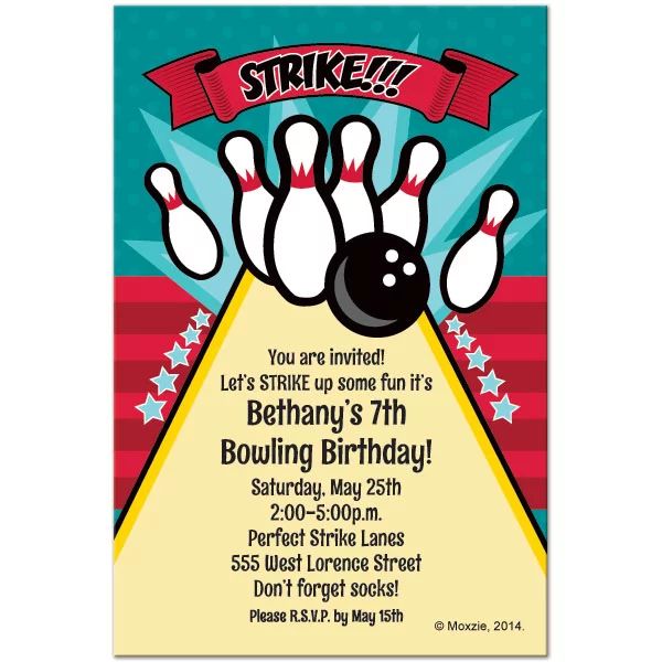 bowling birthday party card with the text strike it