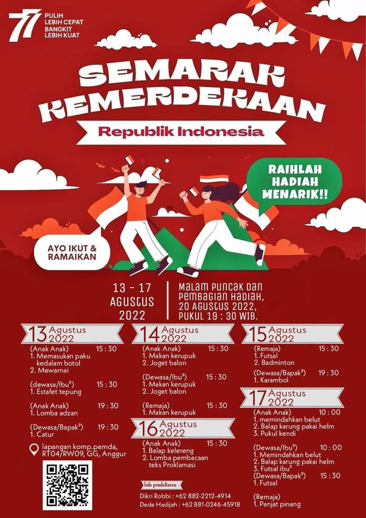 an advertisement for the indonesian festival, featuring two men in red and white outfits with green accents