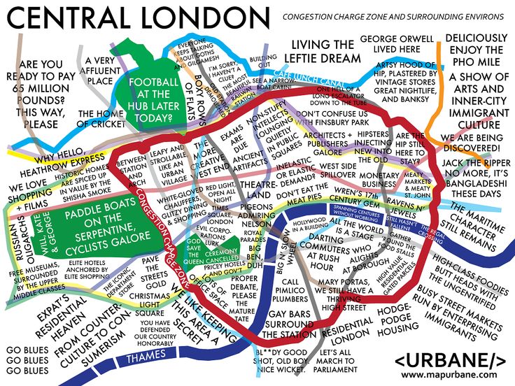 a map of central london with the names and cities in green, red, blue, yellow