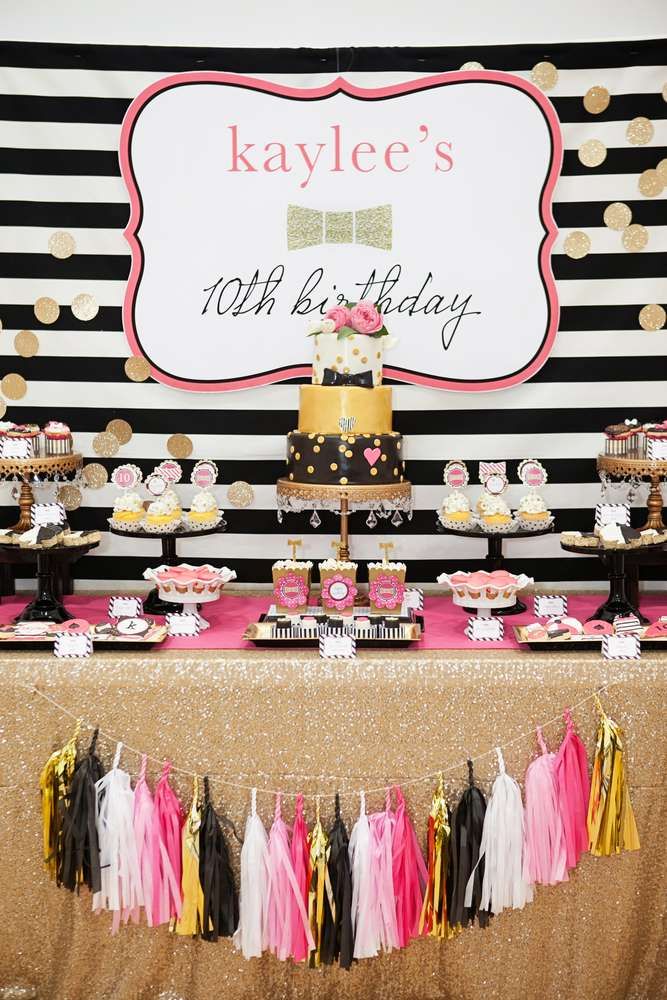 a black and gold birthday party with pink, yellow, and white decorations