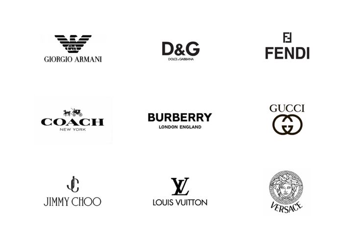 many different logos are shown together on a white background, including gucci, burberry, louis vuitton, b & g and more