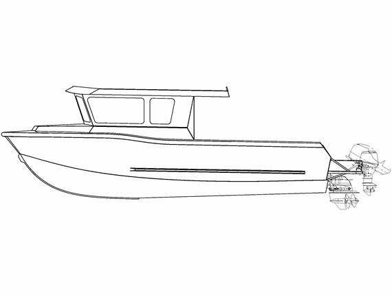 a drawing of a boat with the front end facing forward and side view to the left