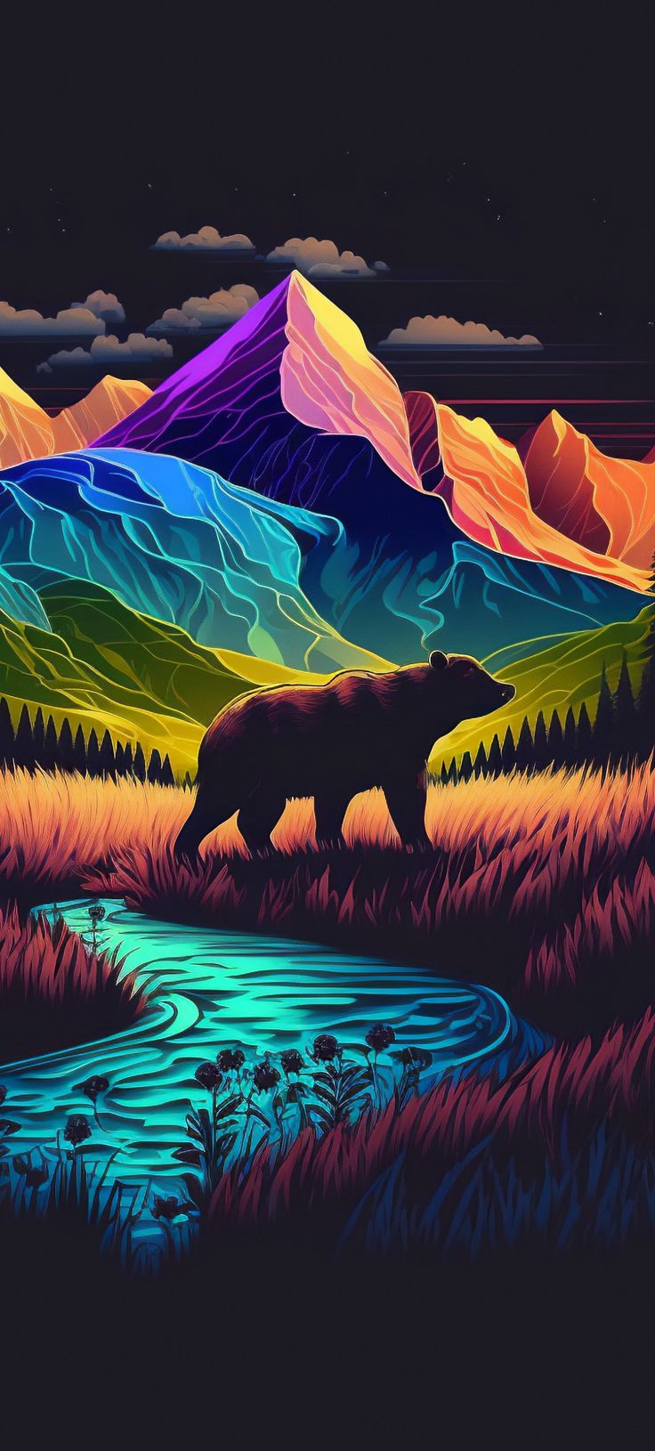 a painting of a bear walking across a river in front of mountains and trees at night