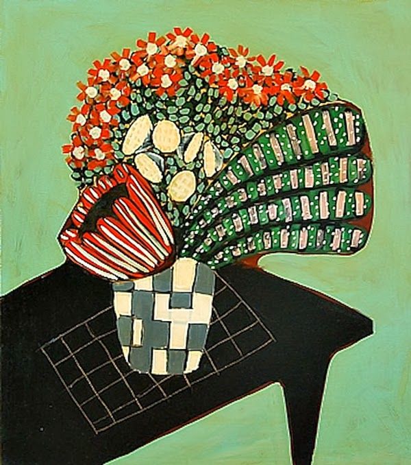 a painting of flowers in a vase sitting on a black table with a green background