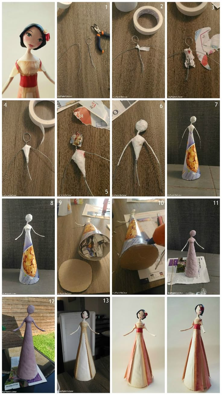 many different pictures of various items made out of cardboard and paper machs, including an origami doll