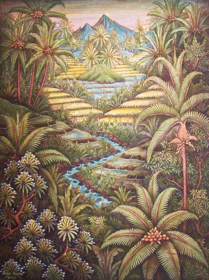 an image of a painting with trees and water in the foreground, surrounded by mountains