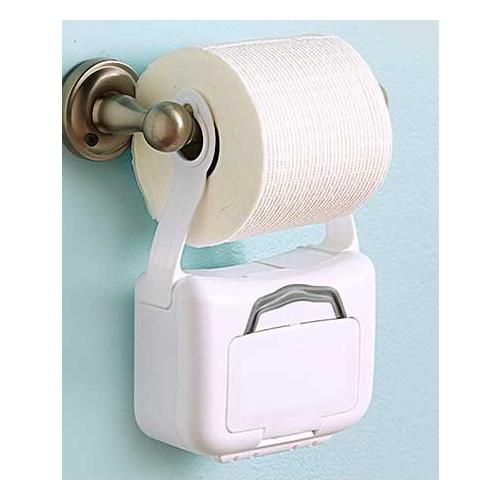 a white toilet paper dispenser mounted to a wall with a roll of toilet paper on it