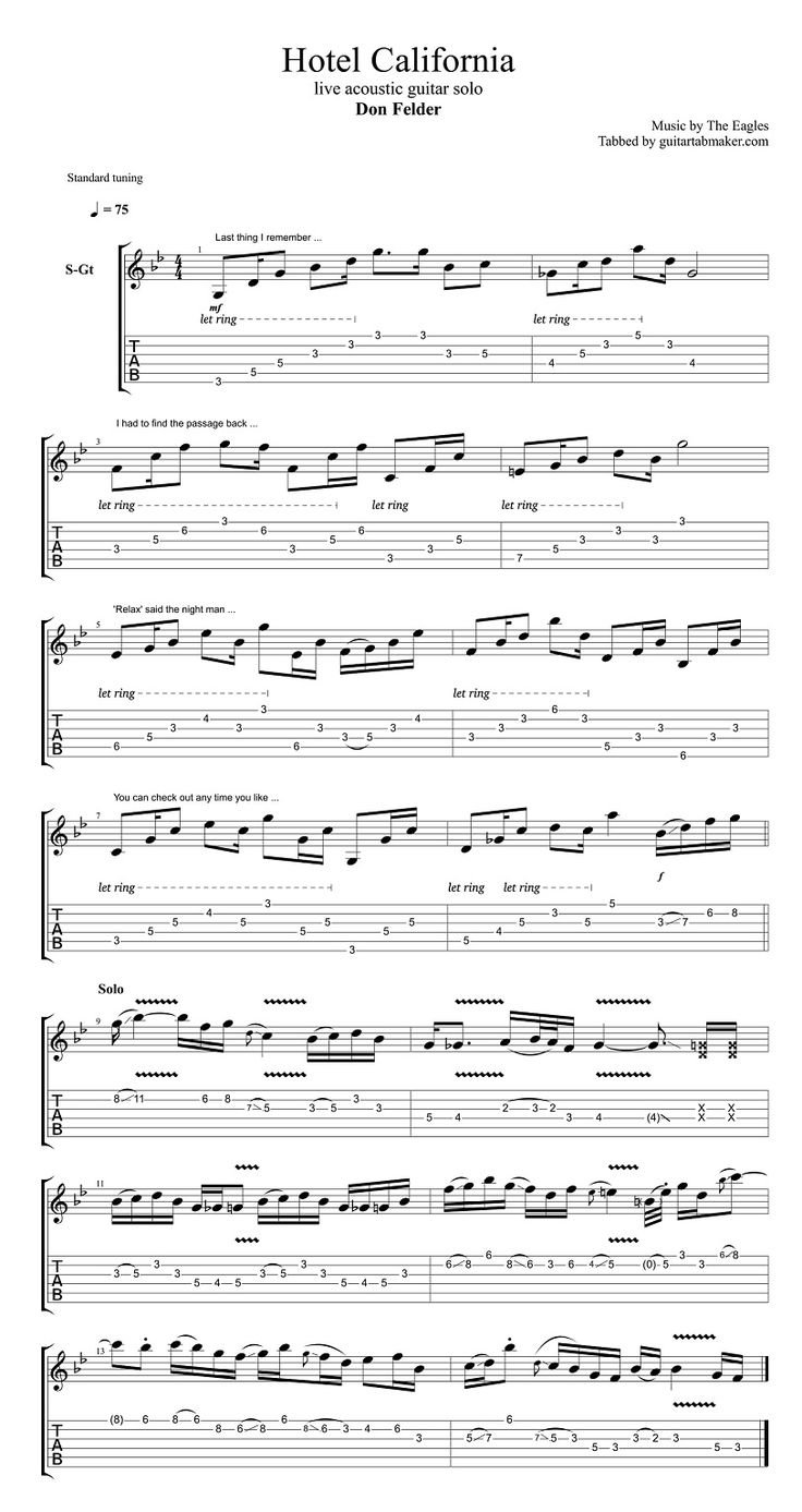 hotel california sheet music for guitar