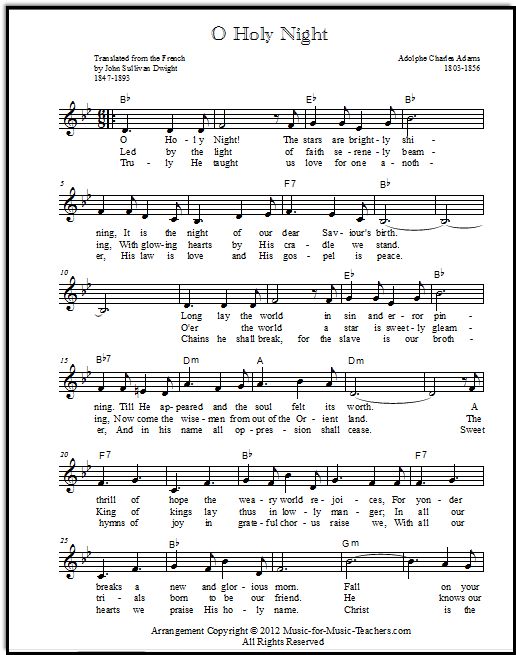 Oh Holy Night sheet music, lead sheet in Bb, with chord symbols above, at Music-for-Music-Teachers.com Oh Holy Night Sheet Music, Do You Hear What I Hear Sheet Music, O Holy Night Sheet Music, Hallelujah Sheet Music, Christmas Piano Sheet Music, Christmas Carols Lyrics, Christmas Carols Songs, Gospel Song Lyrics, Nights Lyrics