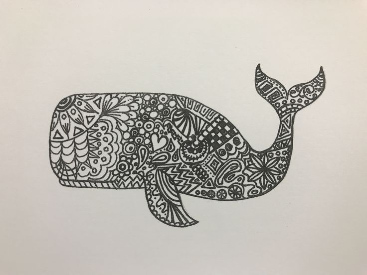 a black and white drawing of a whale with intricate patterns on it's body