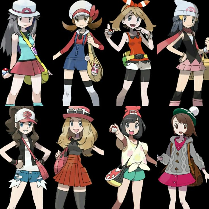 All female trainers for generations Pokemon Oc Female Trainer, Pokemon Poses, Pokemon Outfits, Pokemon Trainer Outfits, Female Pokemon Trainers, Female Trainers, Pokemon Gym Leaders, Pokémon Trainers, Pokemon Game