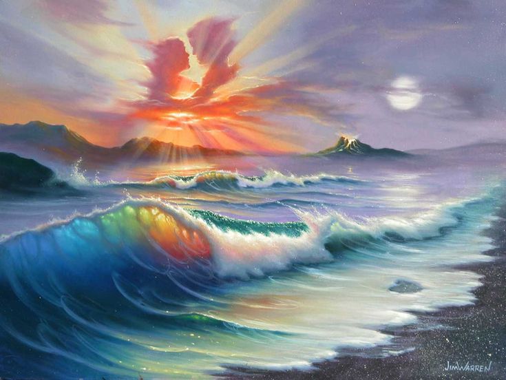 an oil painting of the ocean with waves and sun shining through clouds in the sky