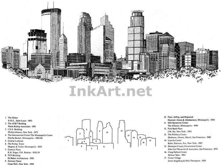 a black and white drawing of a city with skyscrapers in the background, as well as text that reads inkart net