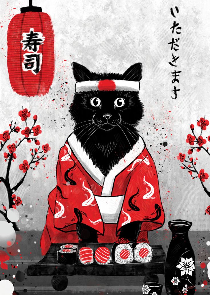 a black cat wearing a red kimono sitting on a table