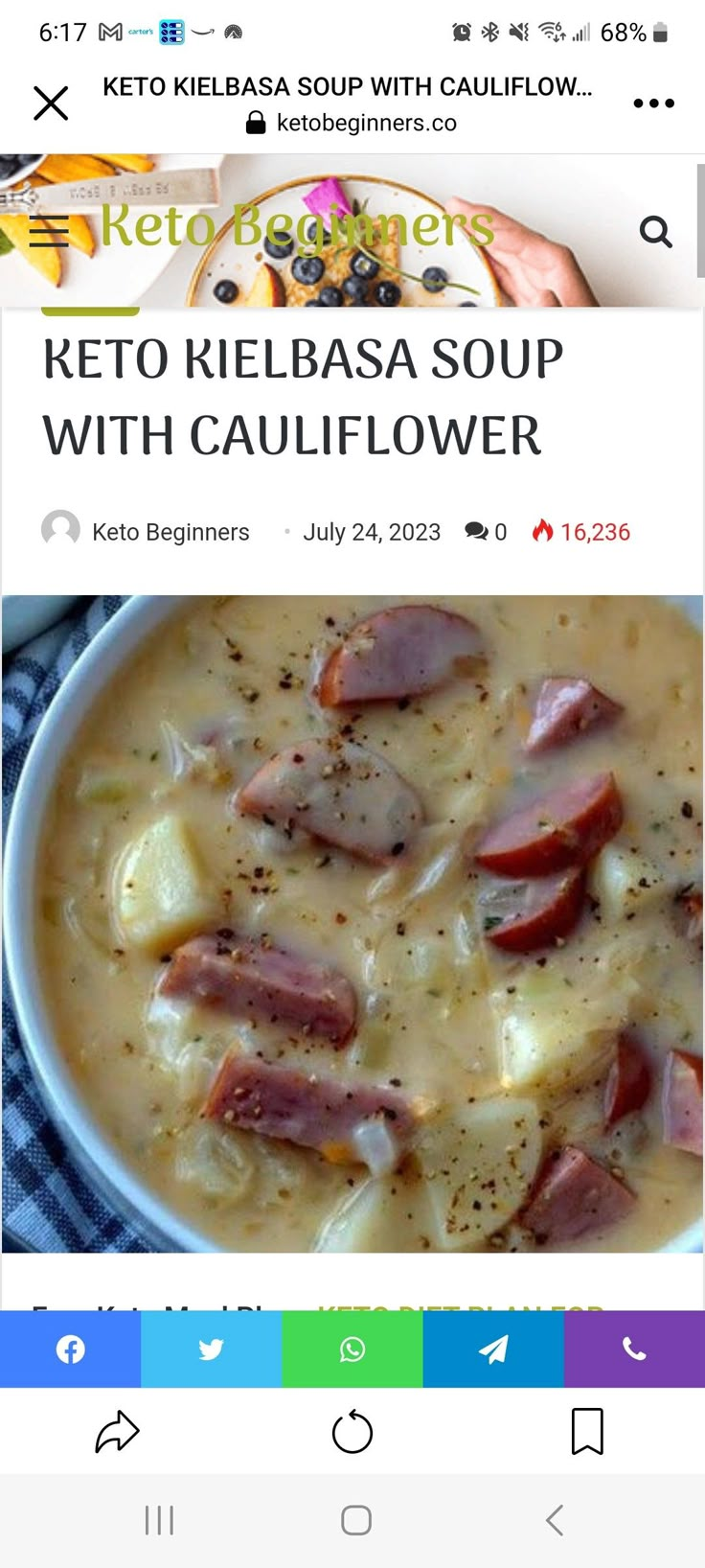 the keto kielbasa soup with cauliflower recipe is shown on an iphone