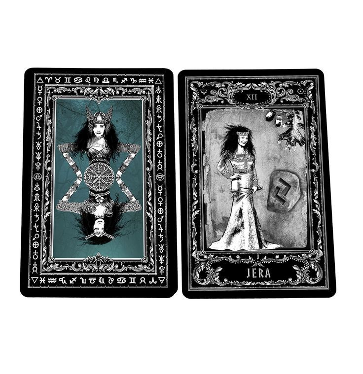 two playing cards, one in black and white the other in blue with images of women