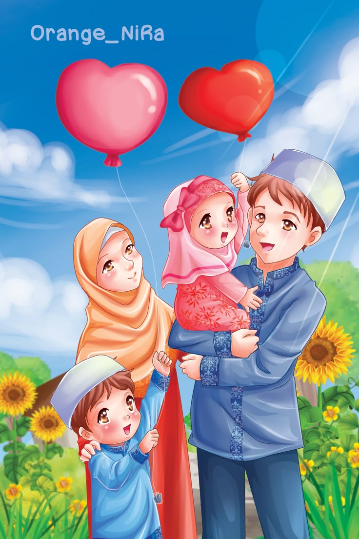 an image of a family with balloons in the sky