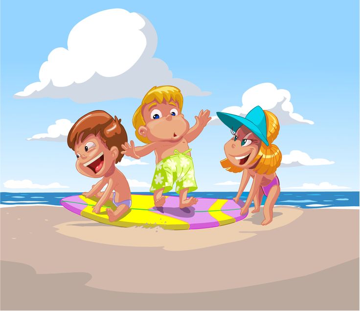 three children are playing on a surfboard at the beach