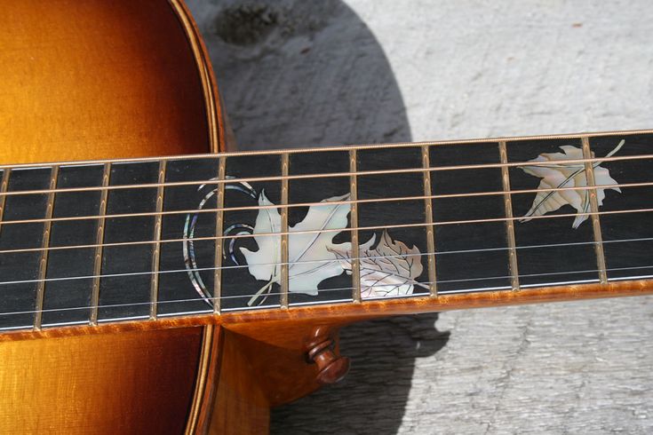 a close up of an acoustic guitar with leaves painted on the fret and strings