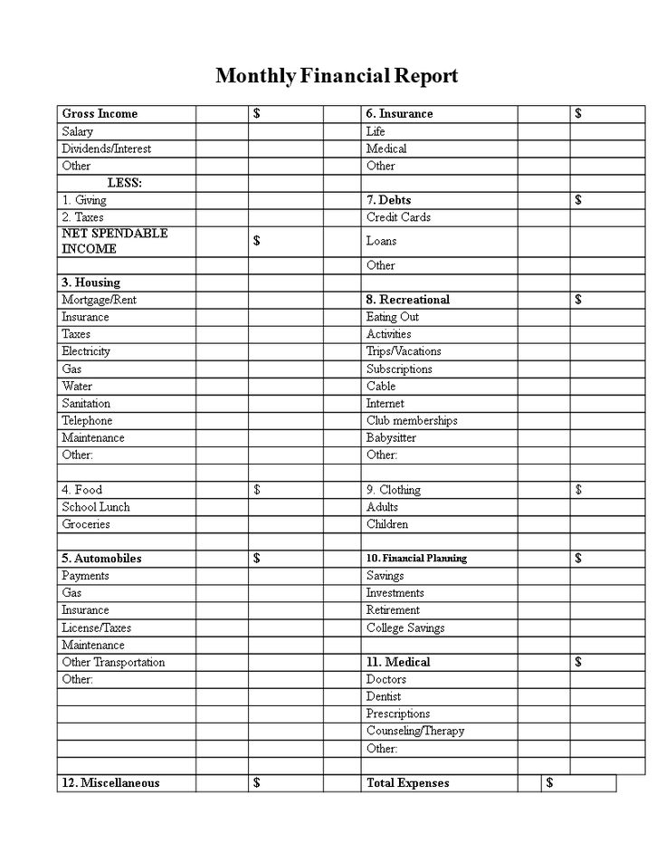 a printable financial report with the numbers in each column and an image of money