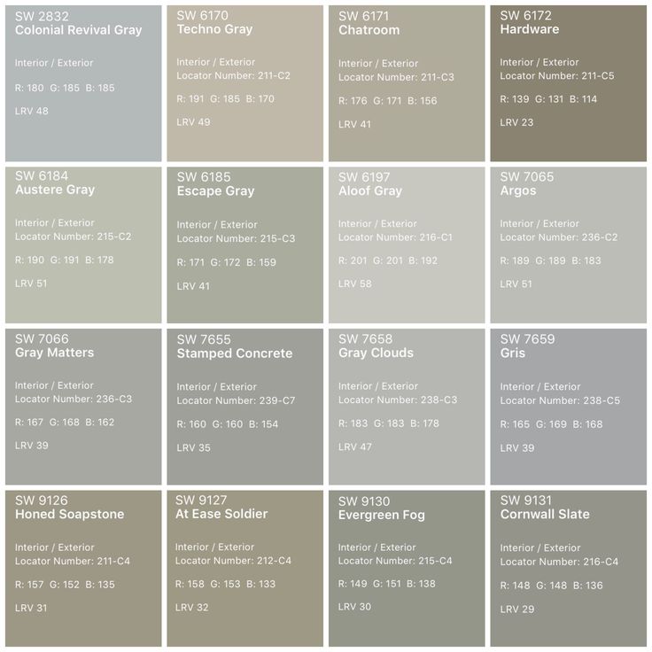 several shades of gray are shown in the same color scheme, each with different names