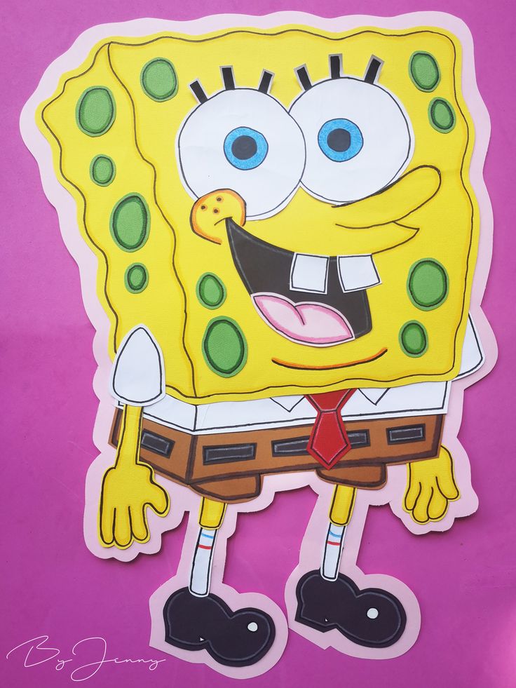 the spongebob sticker is wearing a tie and standing in front of a pink background