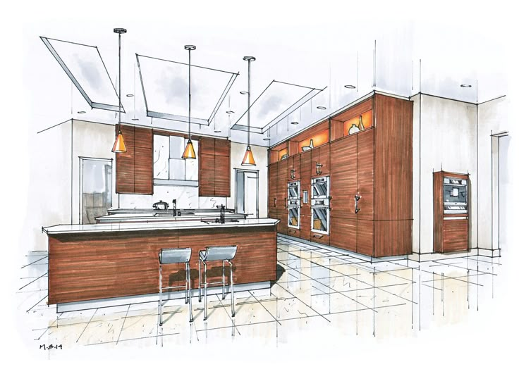 a drawing of a kitchen with wooden cabinets and stools