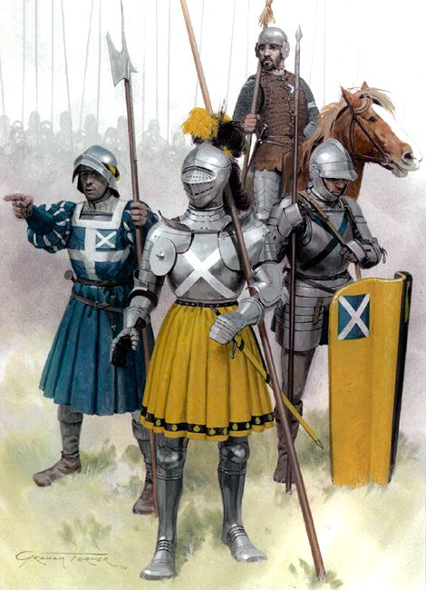 two men in armor standing next to each other holding flags and shields with horses behind them