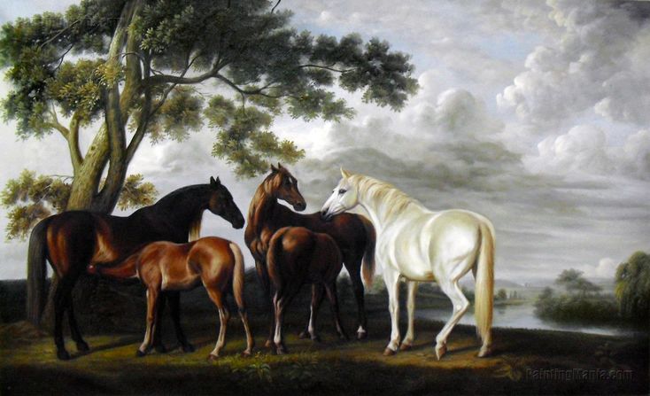 three horses standing next to each other near a tree