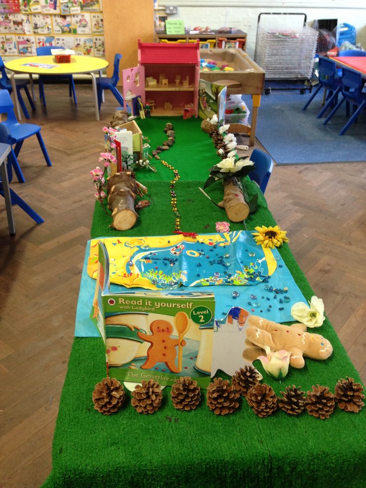 a long table covered in green grass and pine cones