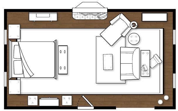 a drawing of a living room with furniture and decor on the floor, top view