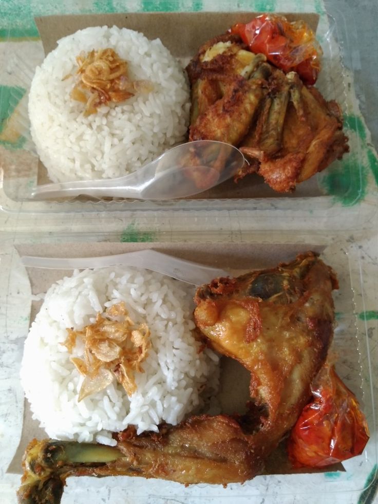 two plastic containers filled with rice and meat