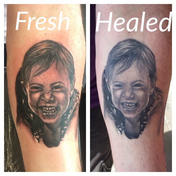 two tattoos with faces and words on them