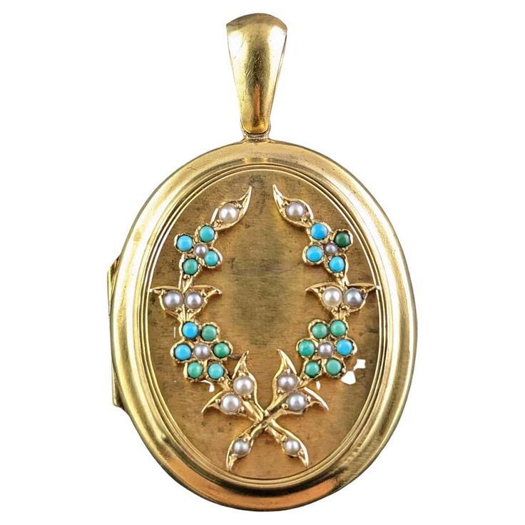 Antique 15k Gold Locket, Turquoise and Pearl, Portrait, Forget Me Not For Sale at 1stDibs | stella may oldham vincent, forget me not locket, stella may oldham vincent age Pearl Locket, Painted Portraits, Forget Me Not Flowers, Pretty Wreath, Vintage Lockets, Gold Locket, Micro Mosaic, Seed Pearl, Fine Jewels